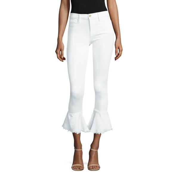 NWT Frame Women's Le Skinny Flared Cut-Off Hem Mid Rise White Denim Jeans - Picture 1 of 7